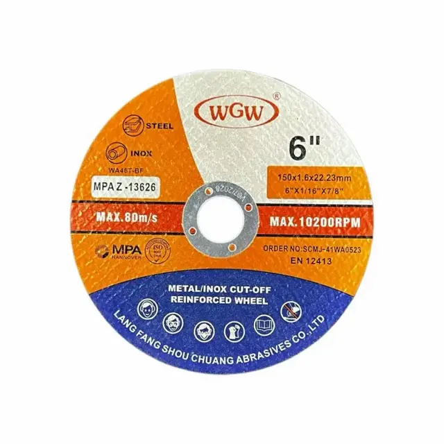 WGW Long-Life 150mm X 1.6 X22.23mm Metal Cutting Disc 80m/s MPA ISO9001 Certified High Hardness Portable Angle Grinder